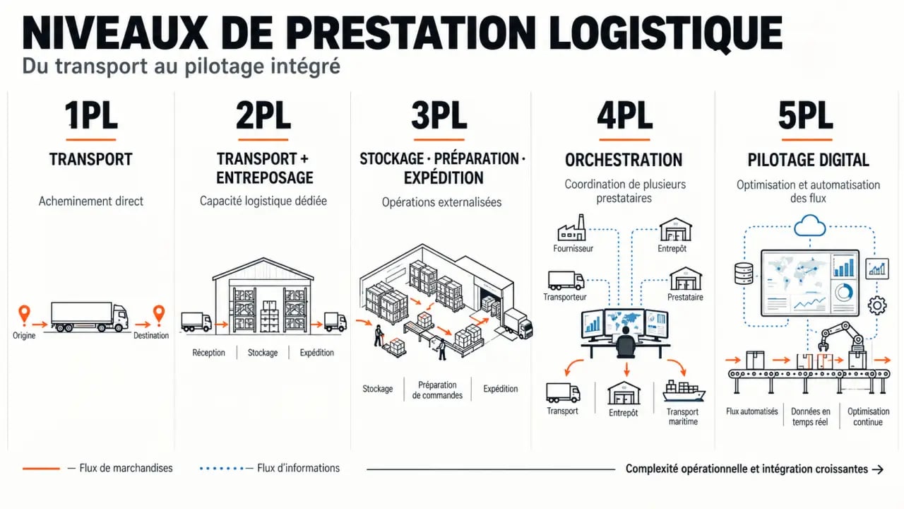 Infographie des entreprises logistique et des niveaux de prestation de 1PL à 5PL