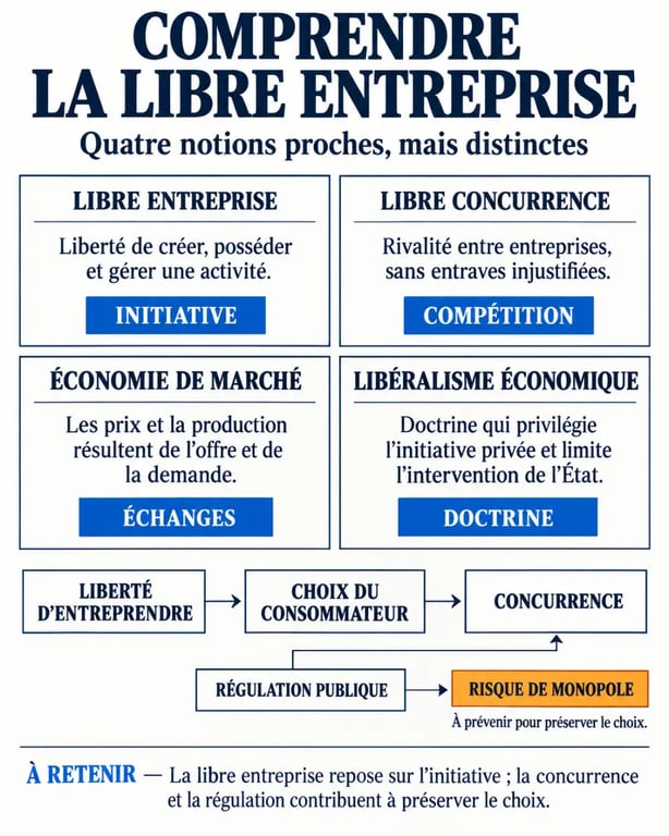 Infographie comparative sur la libre entreprise, la libre concurrence, l'économie de marché et le libéralisme économique