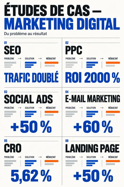 Infographie d'une étude de cas marketing digital comparant les résultats par canal