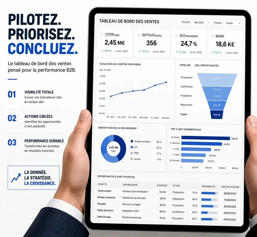 Digitalisation force de vente : tableau de bord CRM sur tablette pour commerciaux