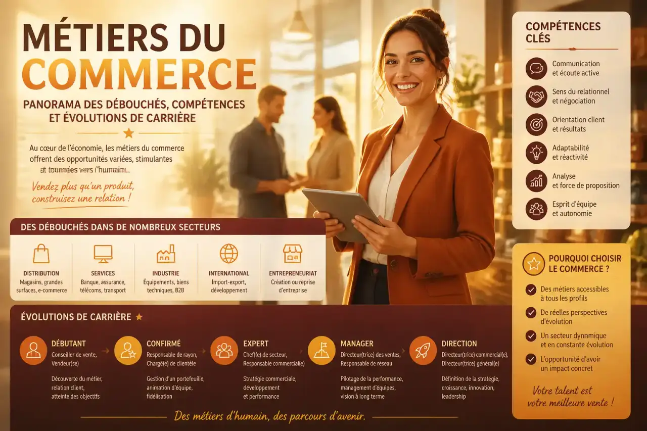 Métiers du commerce : panorama des débouchés, compétences et évolutions de carrière