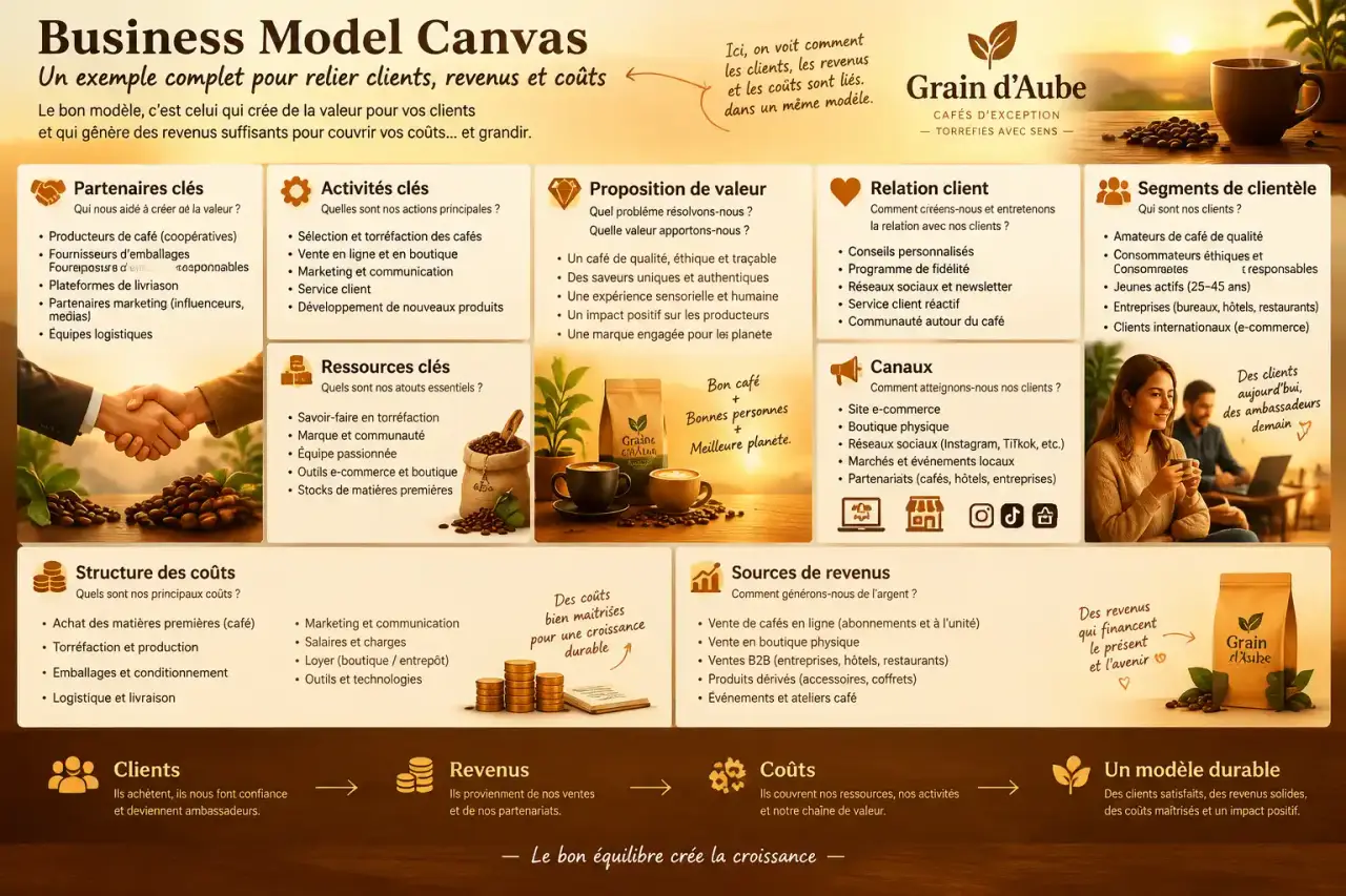 Business Model Canvas : un exemple complet pour relier clients, revenus et coûts