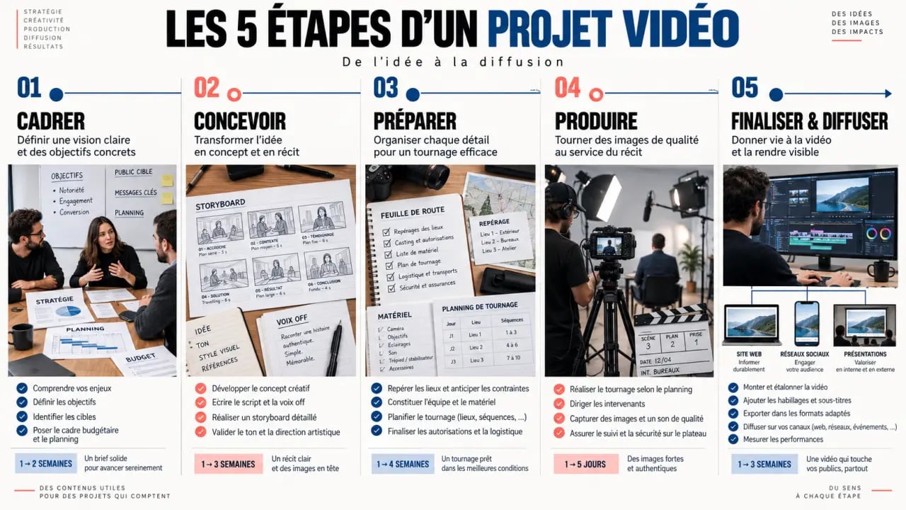 Les cinq étapes d’un projet avec une agence marketing video, du cadrage stratégique à la diffusion