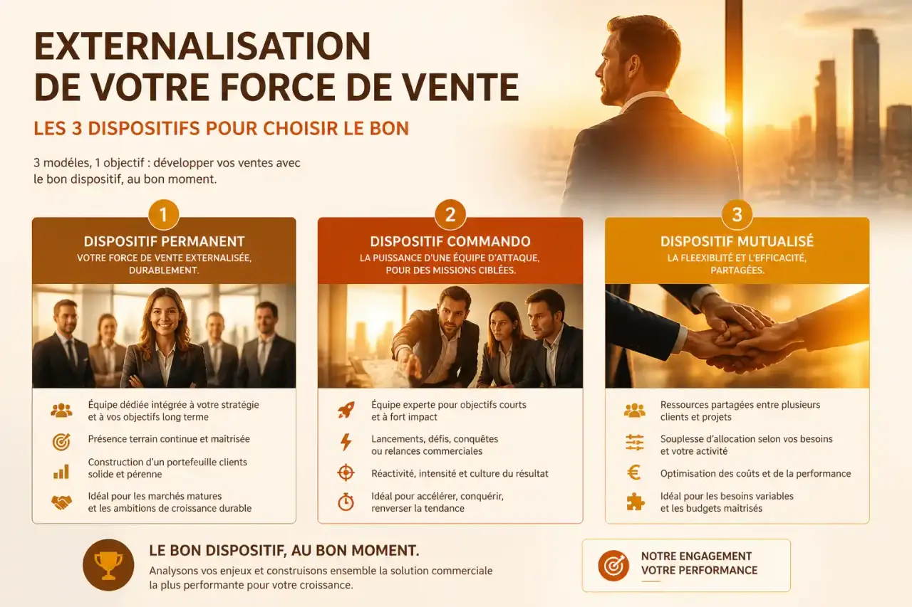 Externalisation force de vente : les 3 dispositifs (permanent, commando, mutualisé) pour choisir le bon