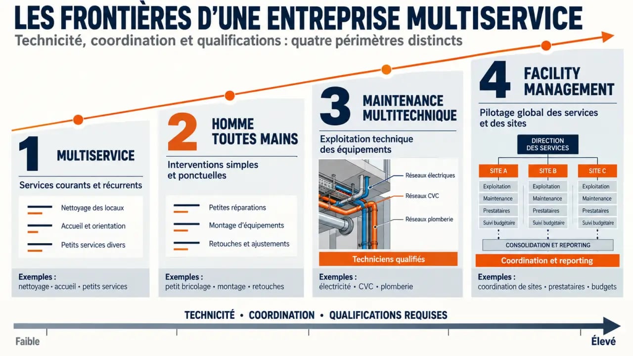 Entreprise multiservice : différences entre multiservice, homme toutes mains, multitechnique et Facility Management