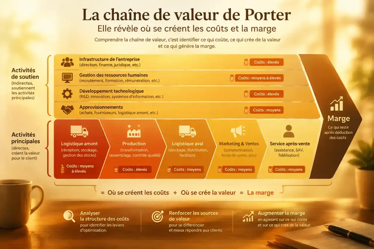 La chaîne de valeur de Porter révèle où se créent les coûts et la marge