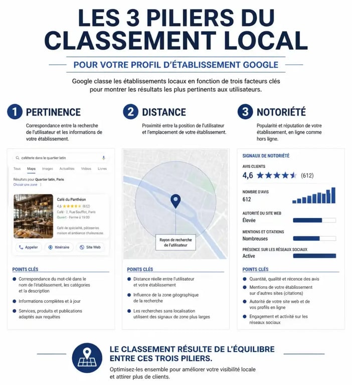 Les 3 piliers du référencement local sur Google Business Profile