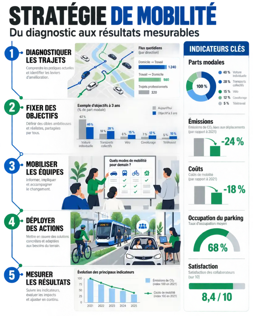 Stratégie mobilité entreprise : parcours du diagnostic au suivi des actions et des indicateurs