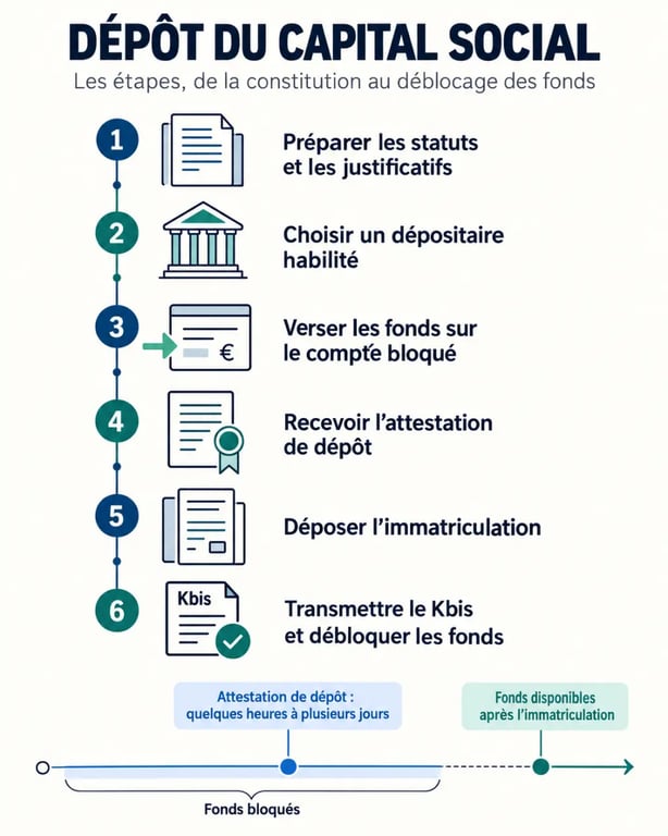 Infographie du dépôt de capital social et des délais d'attestation avant l'immatriculation