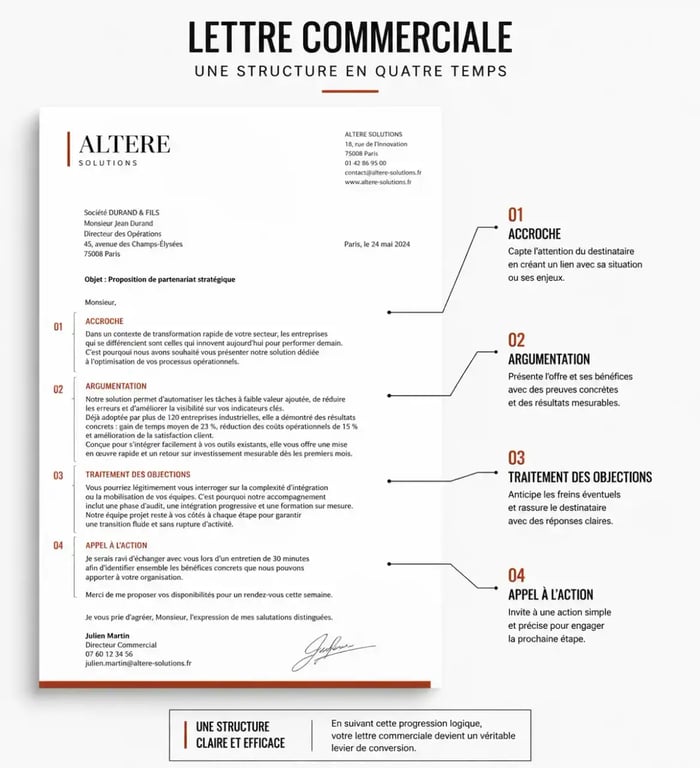 Structure d'une lettre commerciale exemple avec accroche, argumentation et appel à l'action annotés