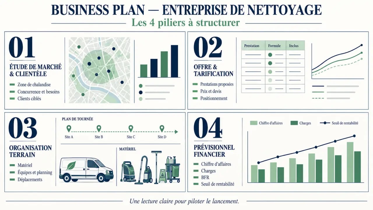 Infographie du business plan d'une entreprise de nettoyage avec marché, tarification, organisation et prévisionnel financier