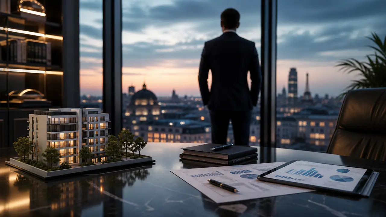 Bureau de direction moderne avec vue panoramique sur un quartier d'affaires au crépuscule