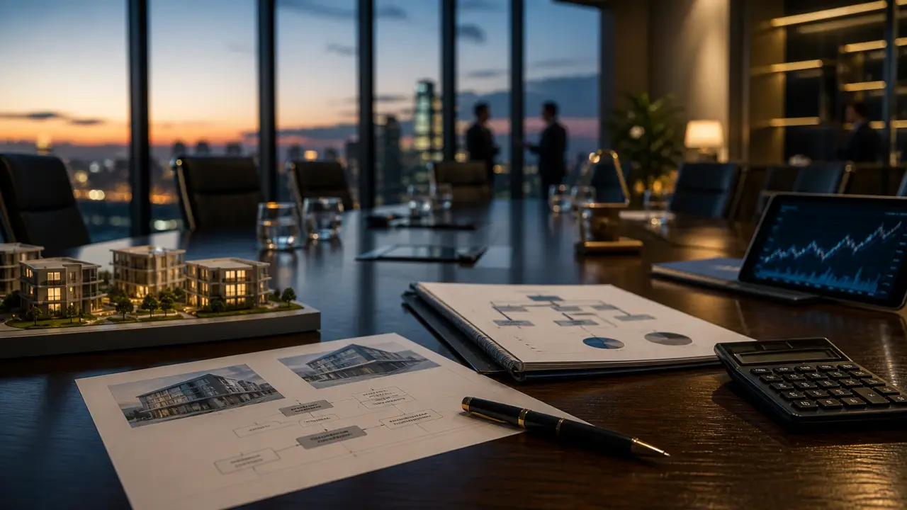 Bureau de direction moderne avec vue panoramique sur un quartier d'affaires au crépuscule